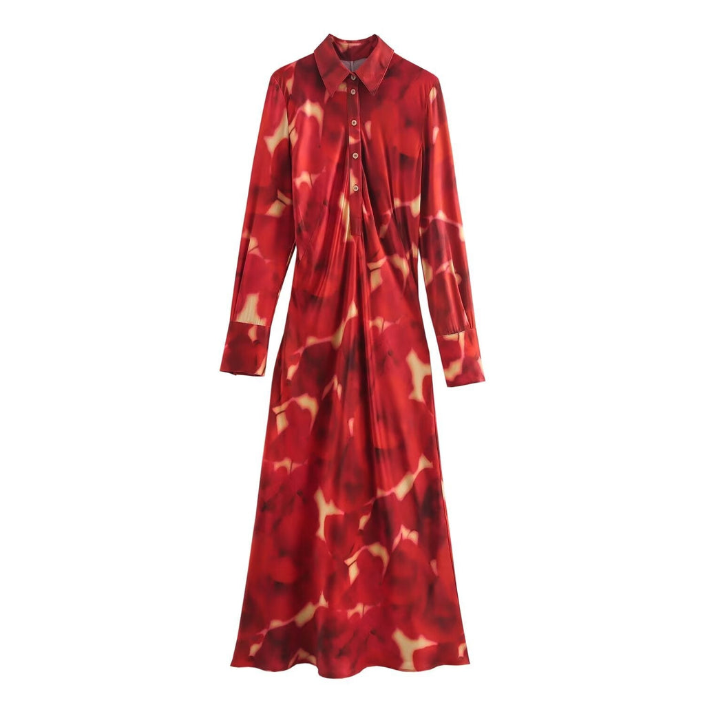 Flip collar single breasted printed shirt long skirt dress for women