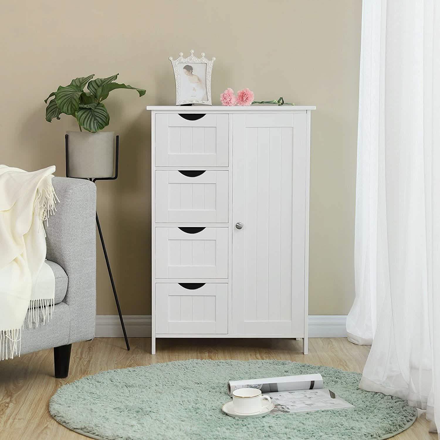 Floor Cabinet Bathroom Organizer with 4 Drawers and Adjustable Shelf