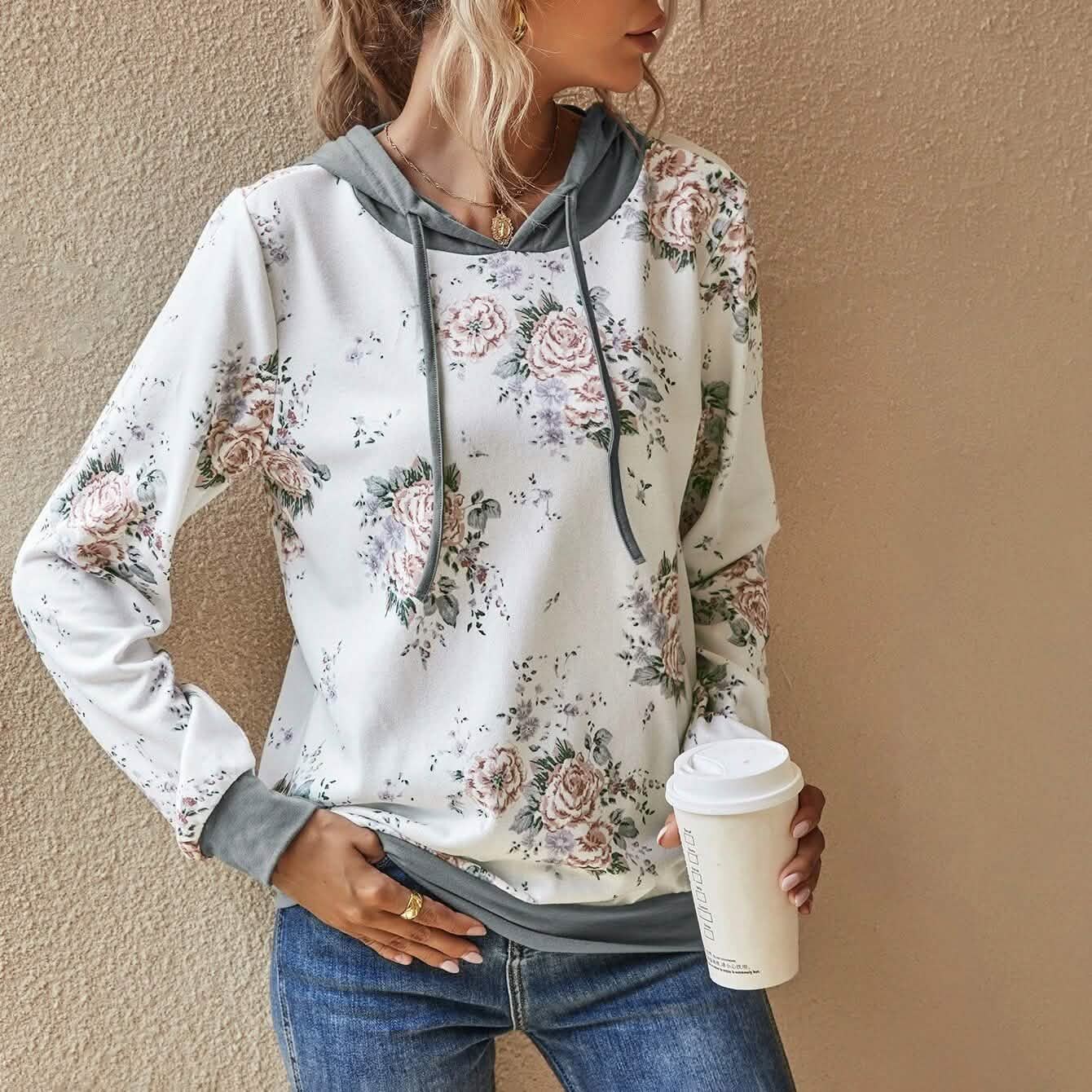 Floral Print Drawstring Hoodie