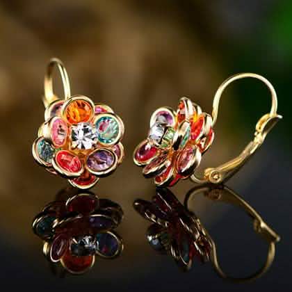 Flower Shaped Leverback Drop Earrings Made with Swarovski Crystals