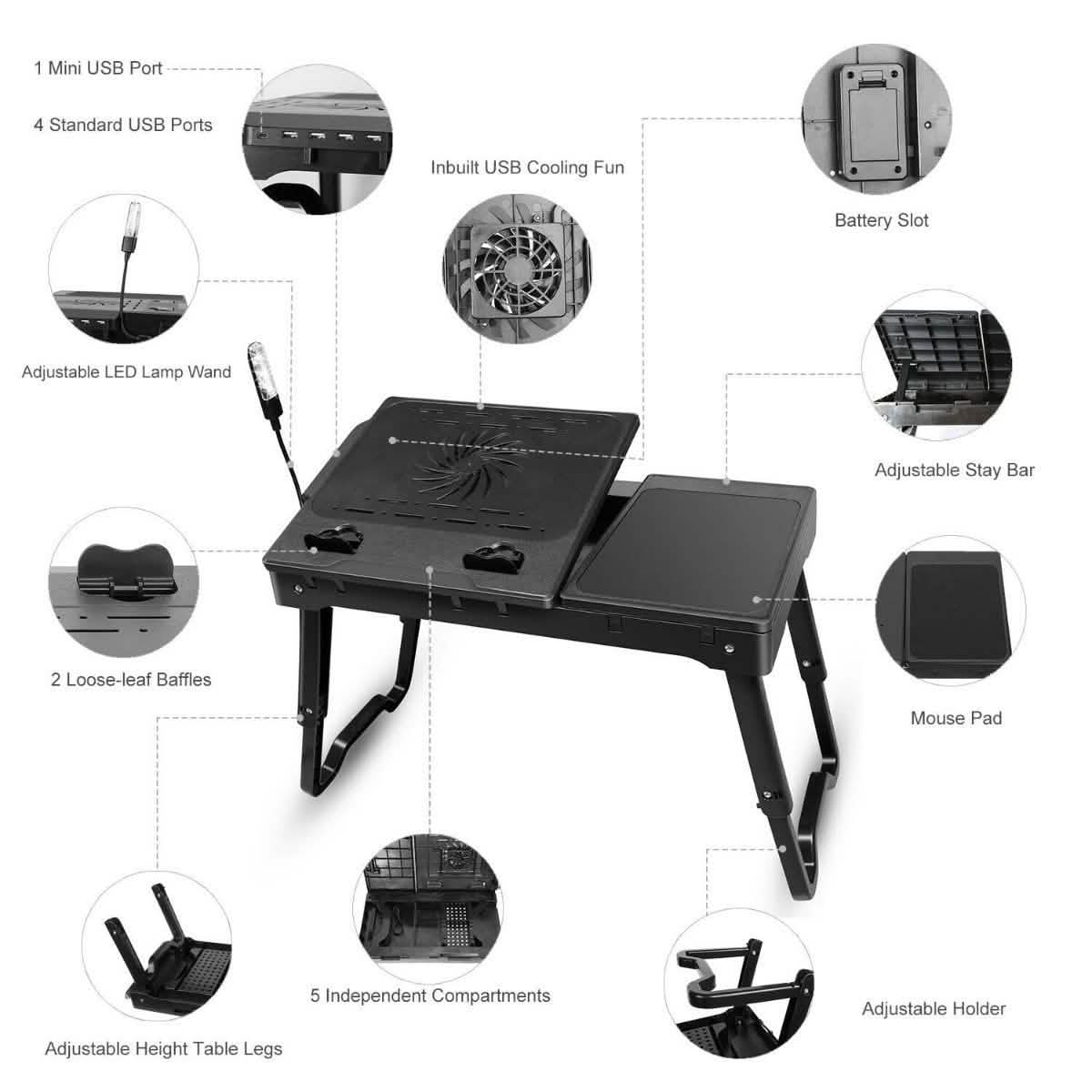 Foldable Laptop Table Bed Notebook Desk with Cooling Fan Mouse Board
