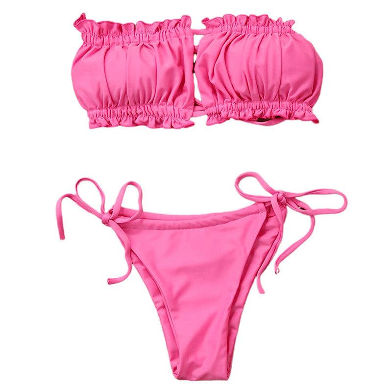 Folds Bikini Women Swimwear Bathing Suit Women's Ruffle Tie Side Bikini Set High Cut Strapless Padded Solid Bathing Suit Bikini Micro Swimsuit Female Push up Two-Piece Suit Summer