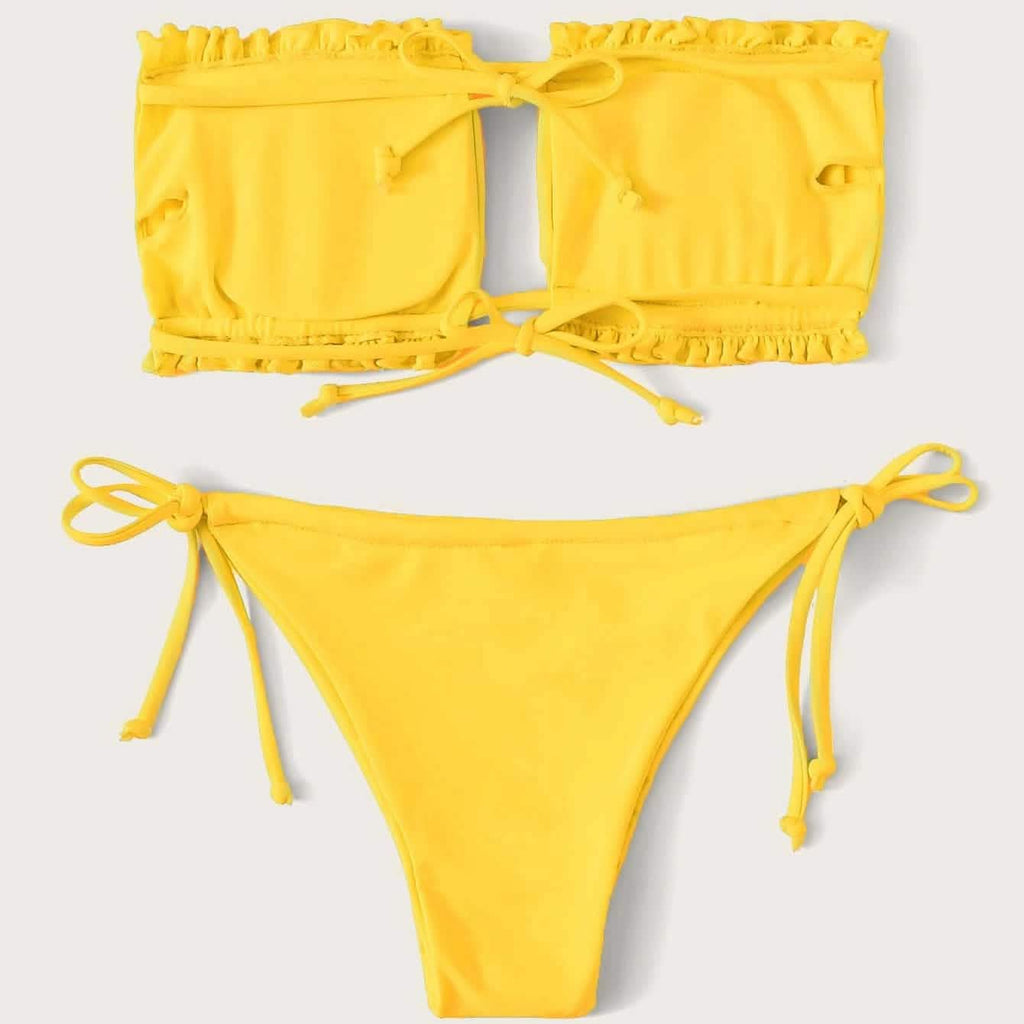 Frill Trim Bandeau Tie Side Bikini Swimsuit