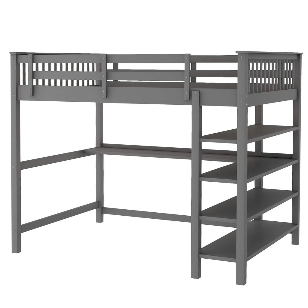 Full Size Loft Bed with Under-bed Desk and Storage Shelves