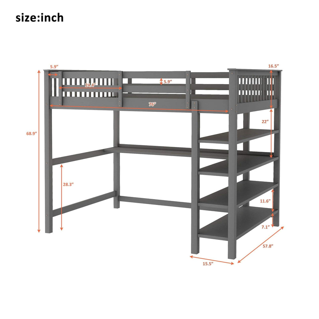Full Size Loft Bed with Under-bed Desk and Storage Shelves