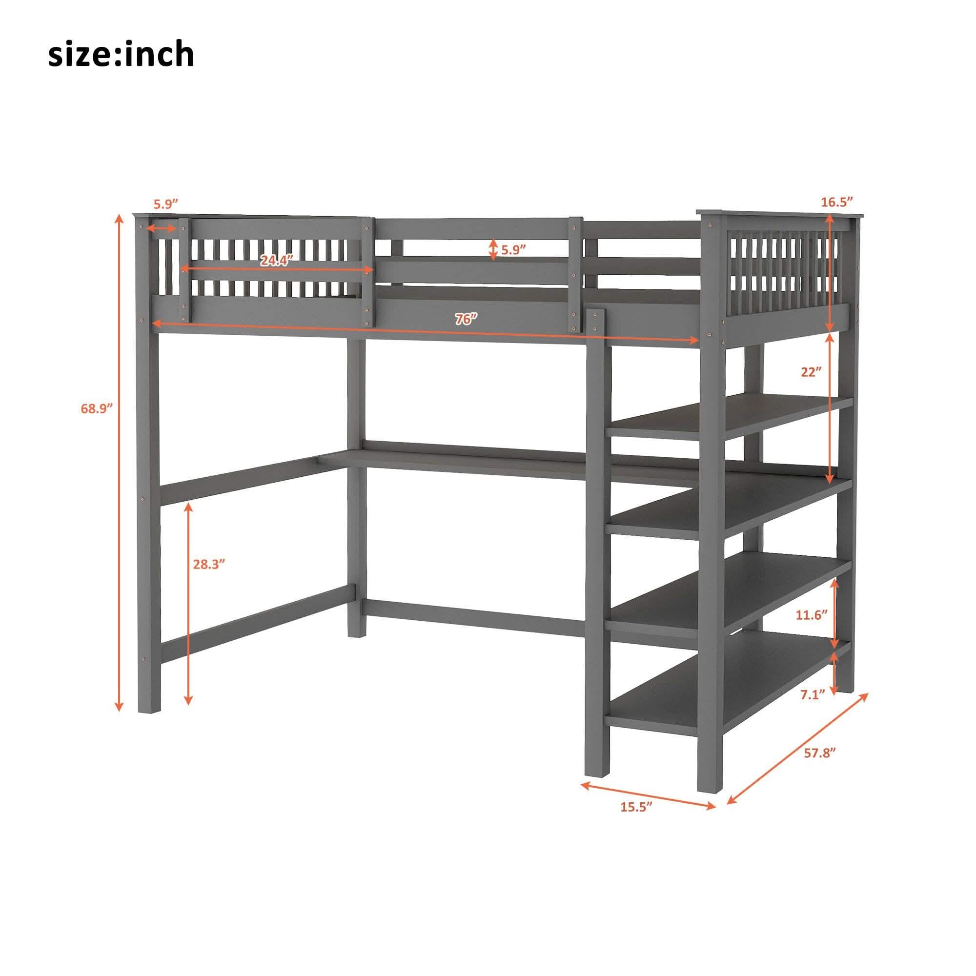 Full Size Loft Bed with Under-bed Desk and Storage Shelves