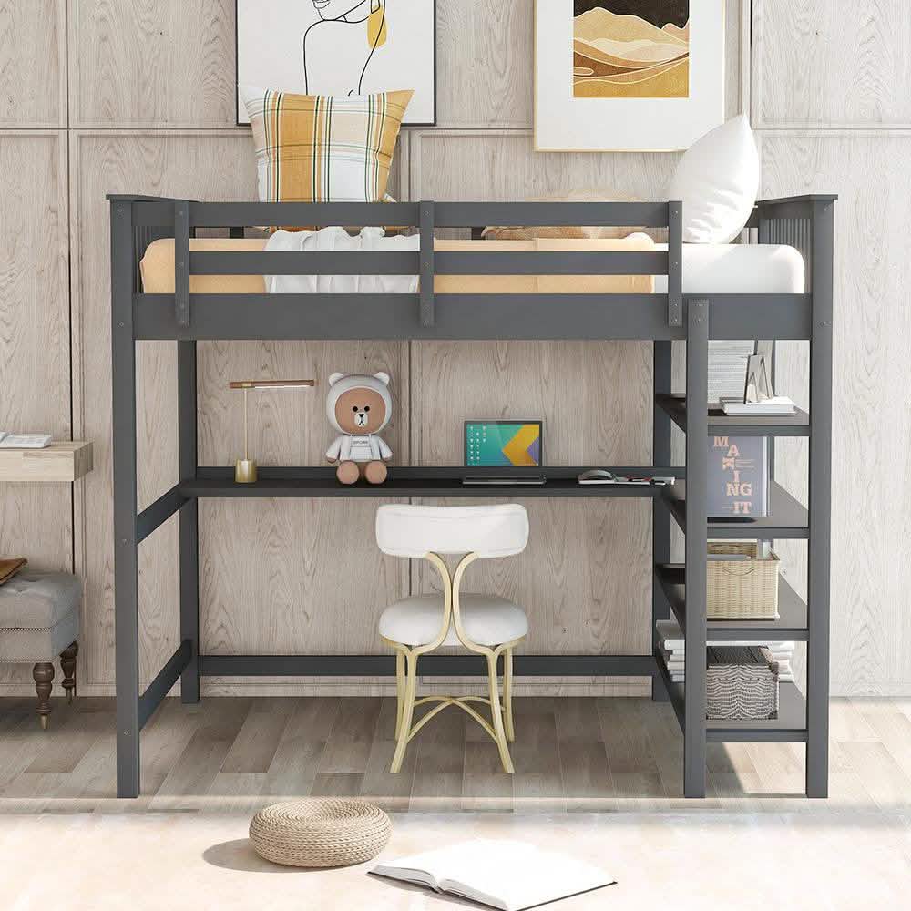 Full Size Loft Bed with Under-bed Desk and Storage Shelves