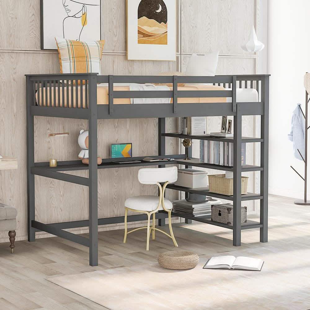 Full Size Loft Bed with Under-bed Desk and Storage Shelves