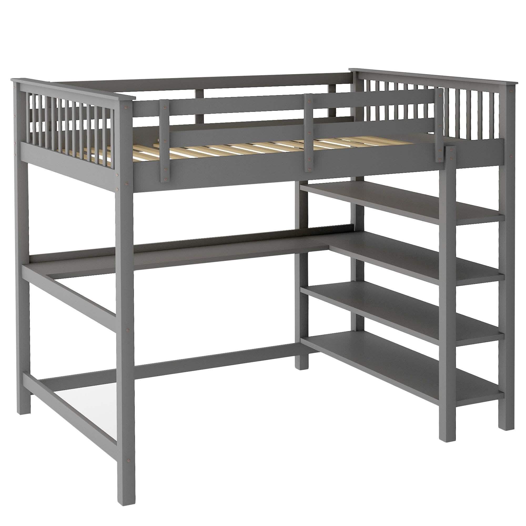 Full Size Loft Bed with Under-bed Desk and Storage Shelves