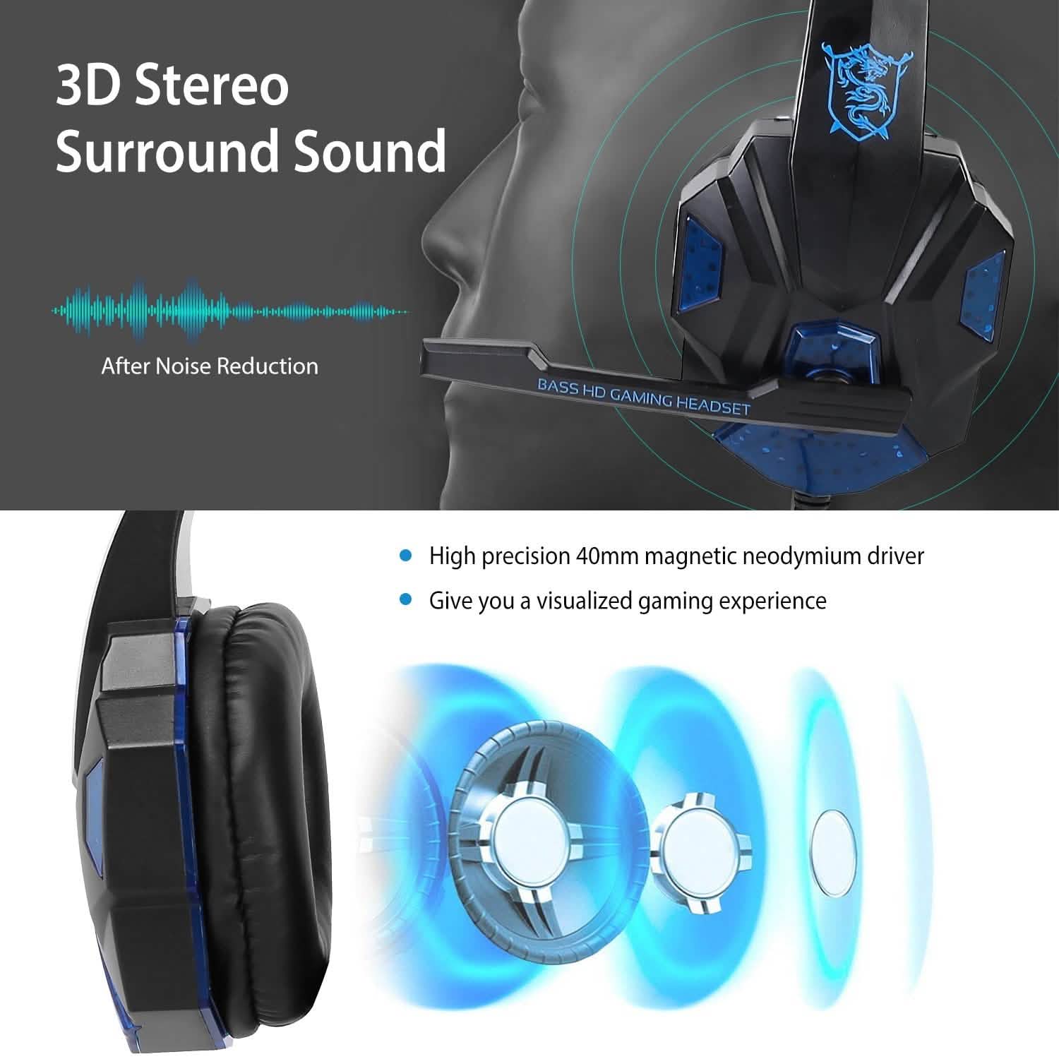 Gaming Headsets Stereo Bass Over Ear Headphones with LED Light Earmuff