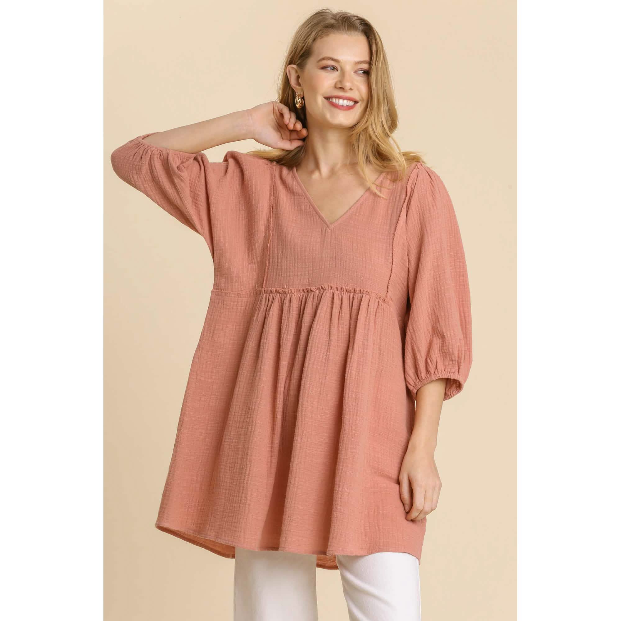 Gauze Slub V-neck Frayed Edge Detail Tunic Dress