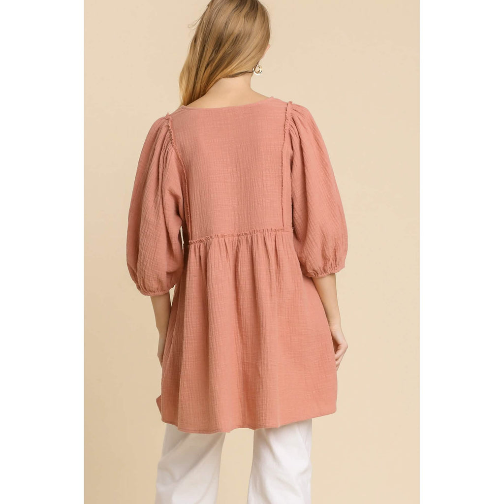 Gauze Slub V-neck Frayed Edge Detail Tunic Dress