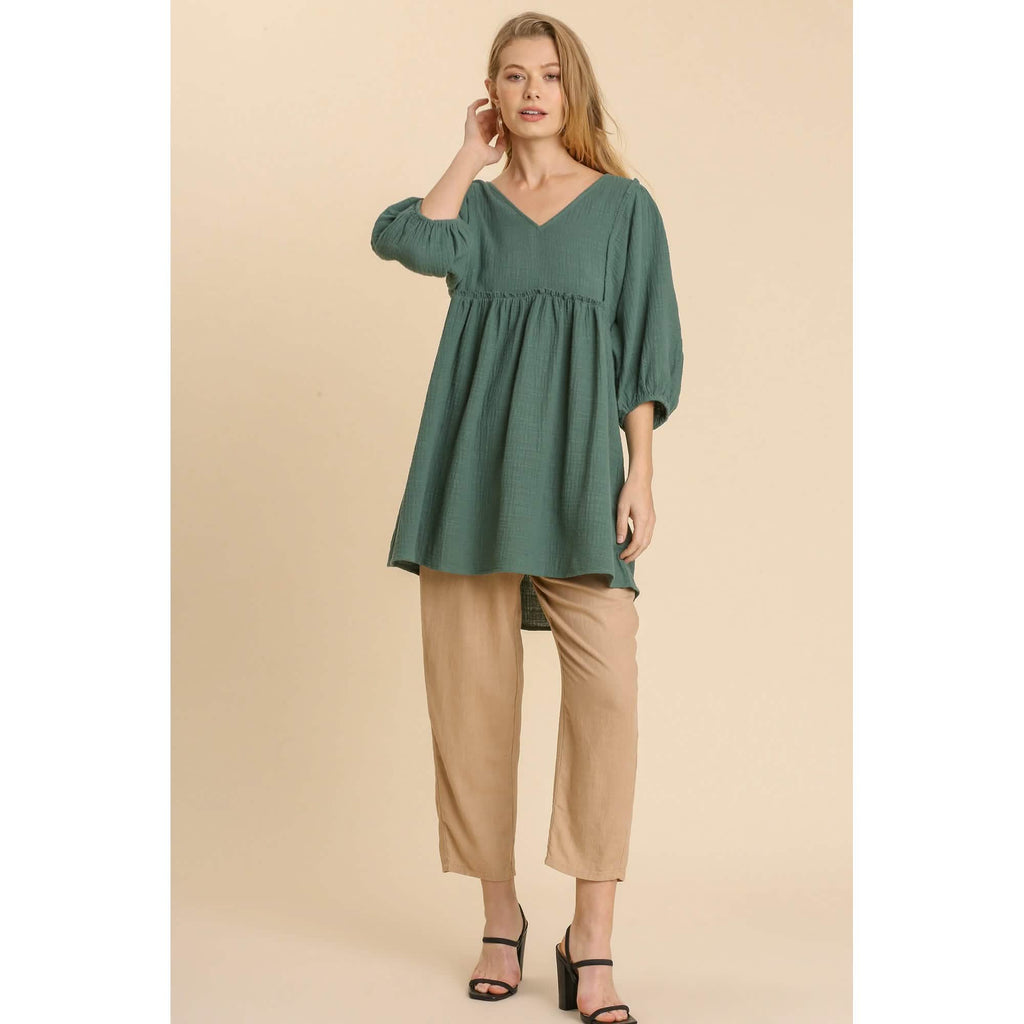 Gauze Slub V-neck Frayed Edge Detail Tunic Dress