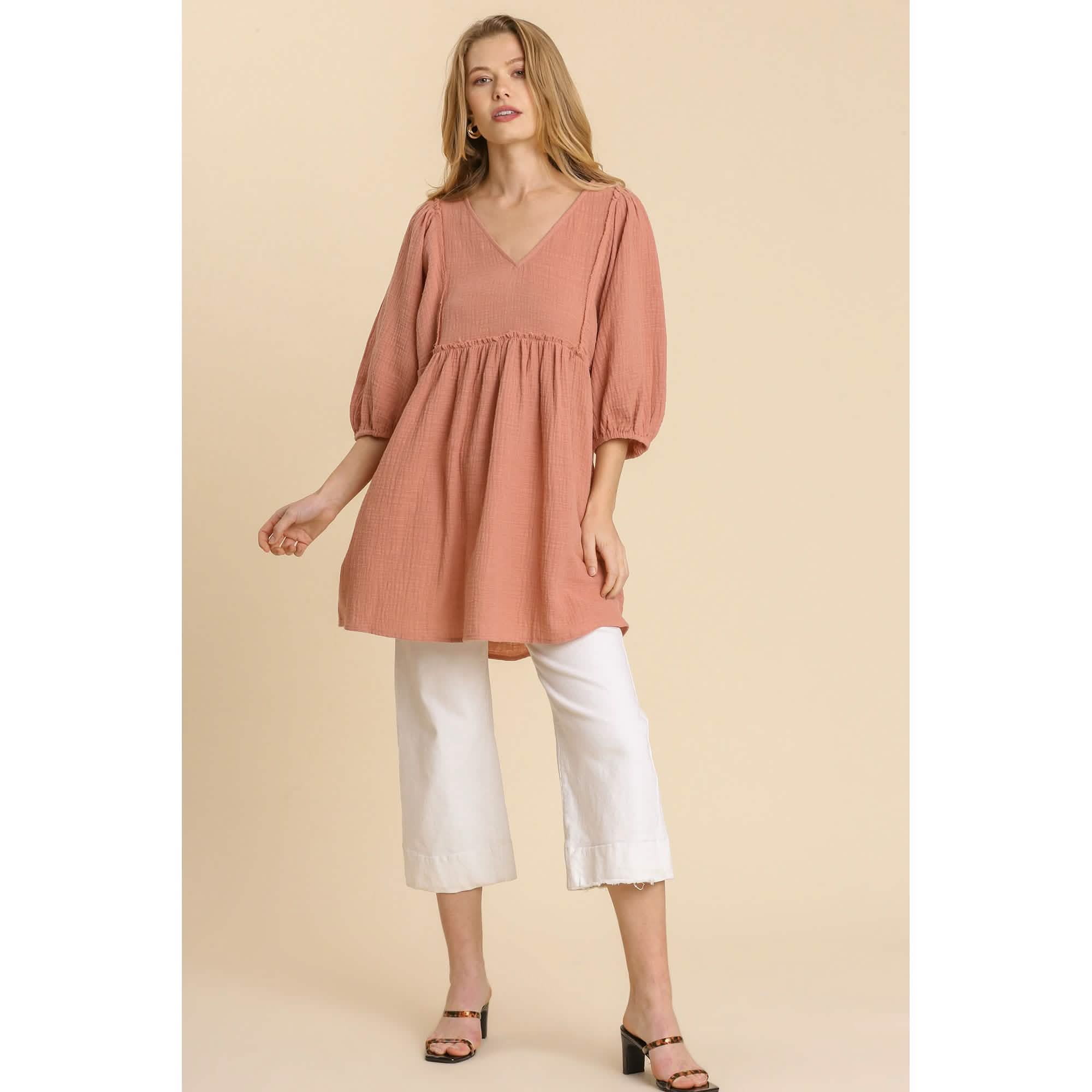 Gauze Slub V-neck Frayed Edge Detail Tunic Dress
