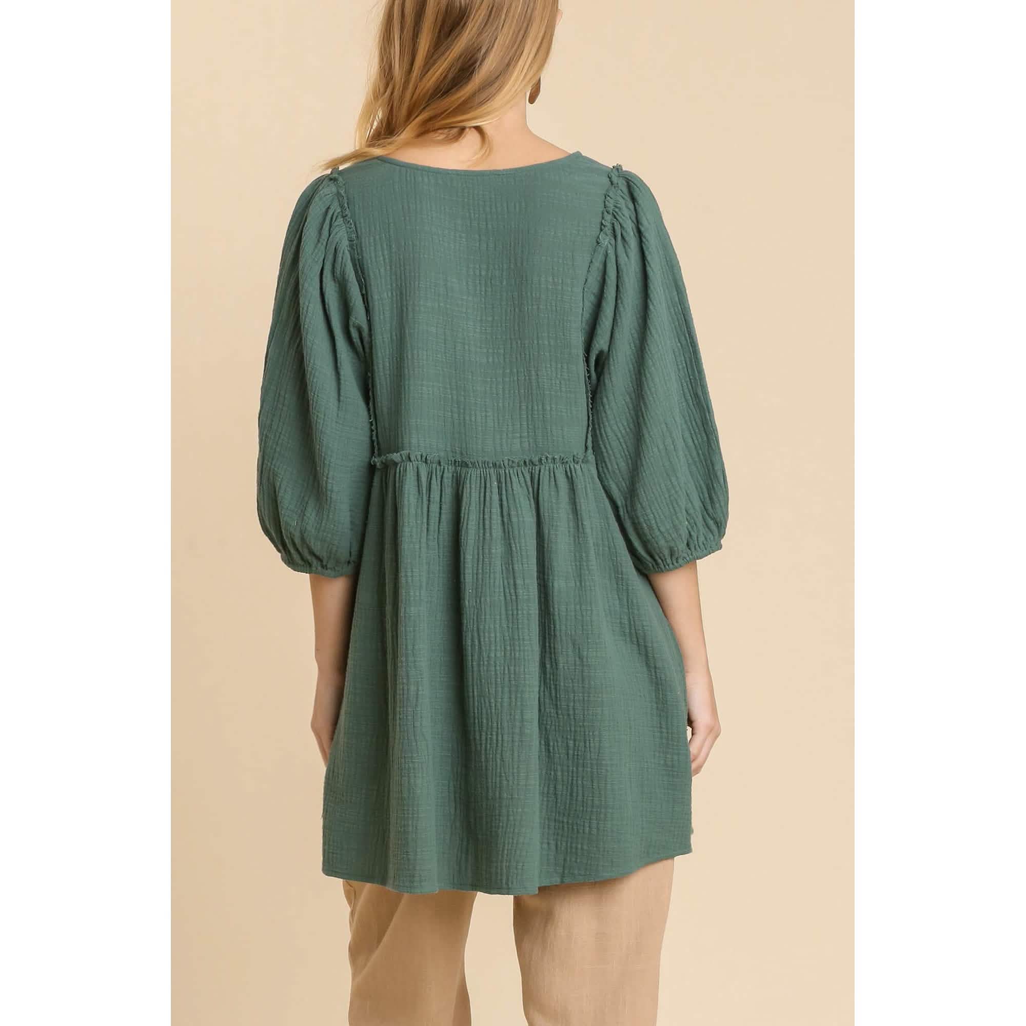 Gauze Slub V-neck Frayed Edge Detail Tunic Dress