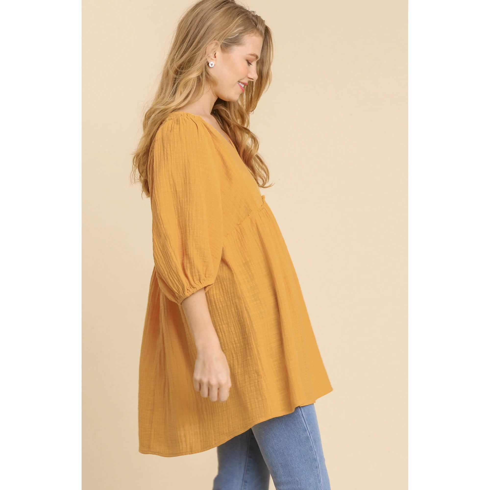 Gauze Slub V-neck Frayed Edge Detail Tunic Dress
