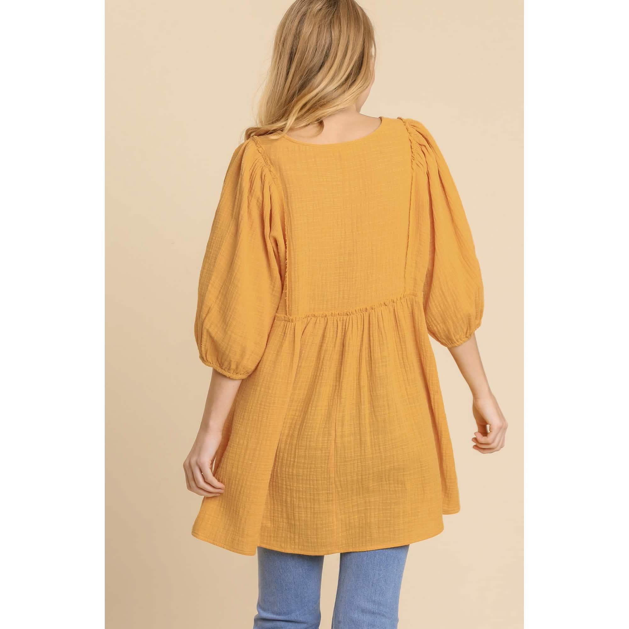 Gauze Slub V-neck Frayed Edge Detail Tunic Dress