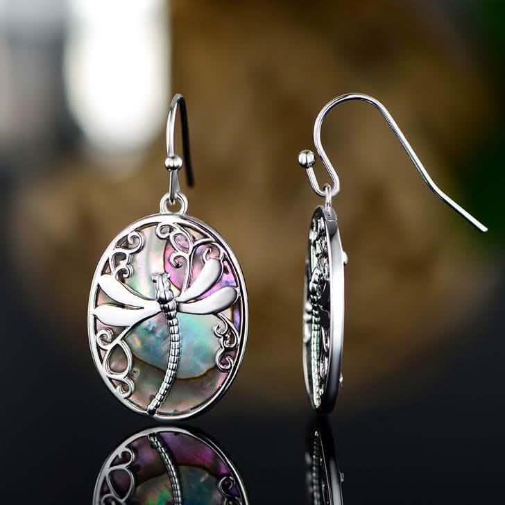 Genuine Blue Abalone Pearl Dragonfly Hook Drop Earrings