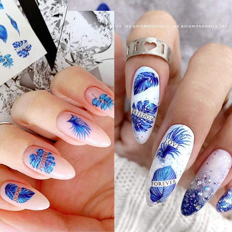 Geometrics Blue Flower Leaves Water Decals Stickers Special Floral Transfer Slider For Nails Decoration Nail Art Stickers Black White Flower Palm Leaf Nail Self-Adhesive Decals Nail Stickers Water Transfer Fresh Nail Decals for Nail Art Butterfly Palm
