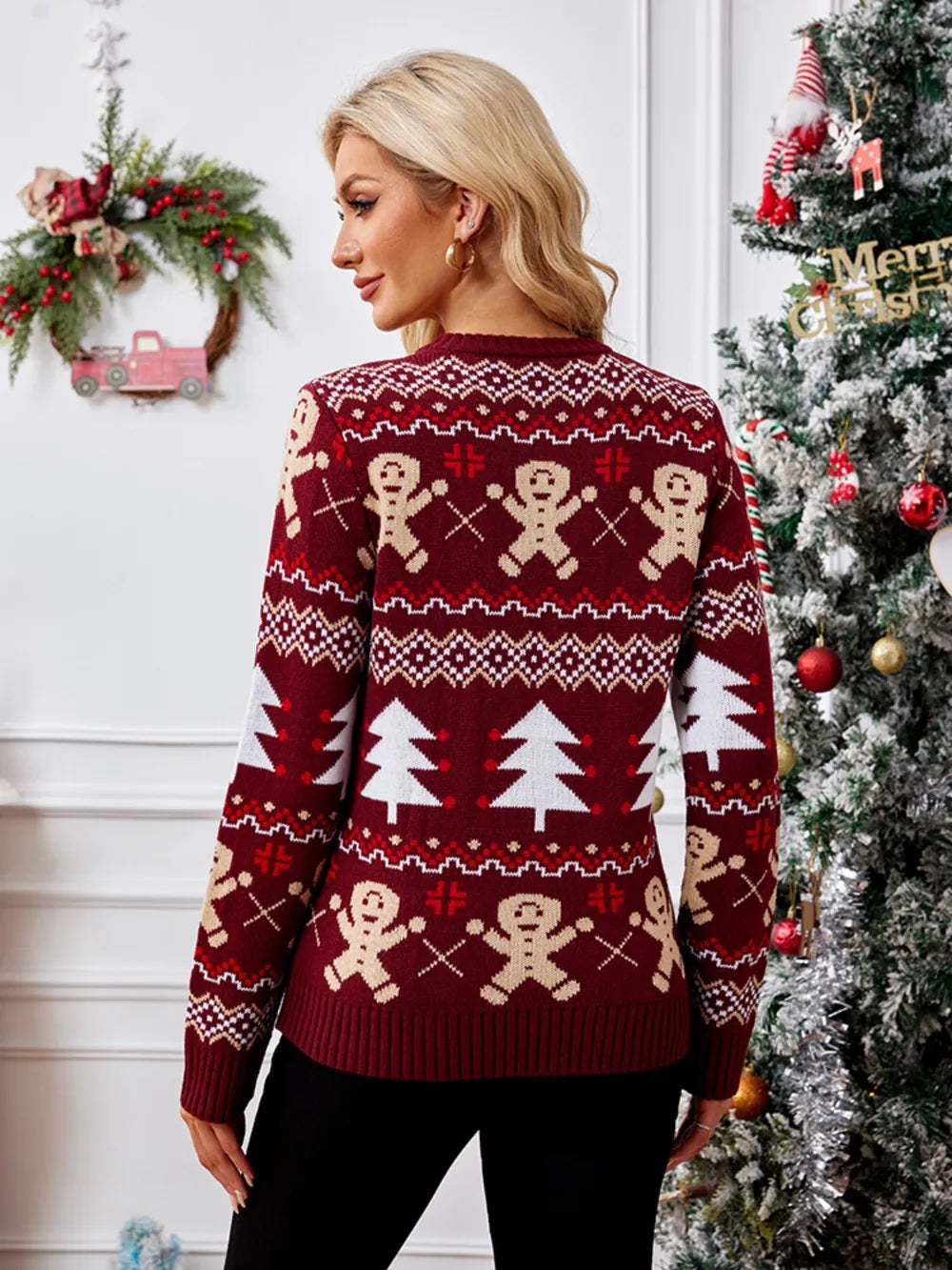 Gingerbread man jacquard long sleeved sweater pullover casual top