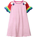 Girls Cotton Long Sleeve Casual Cartoon Appliques Striped Jersey Dress