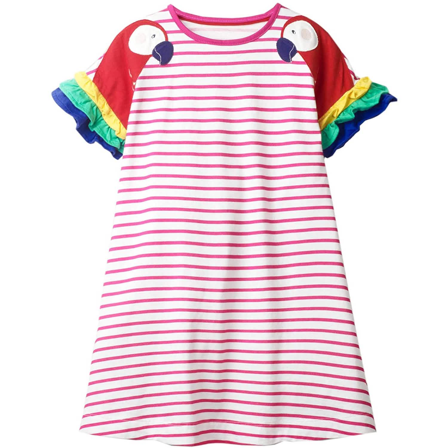 Girls Cotton Long Sleeve Casual Cartoon Appliques Striped Jersey Dress