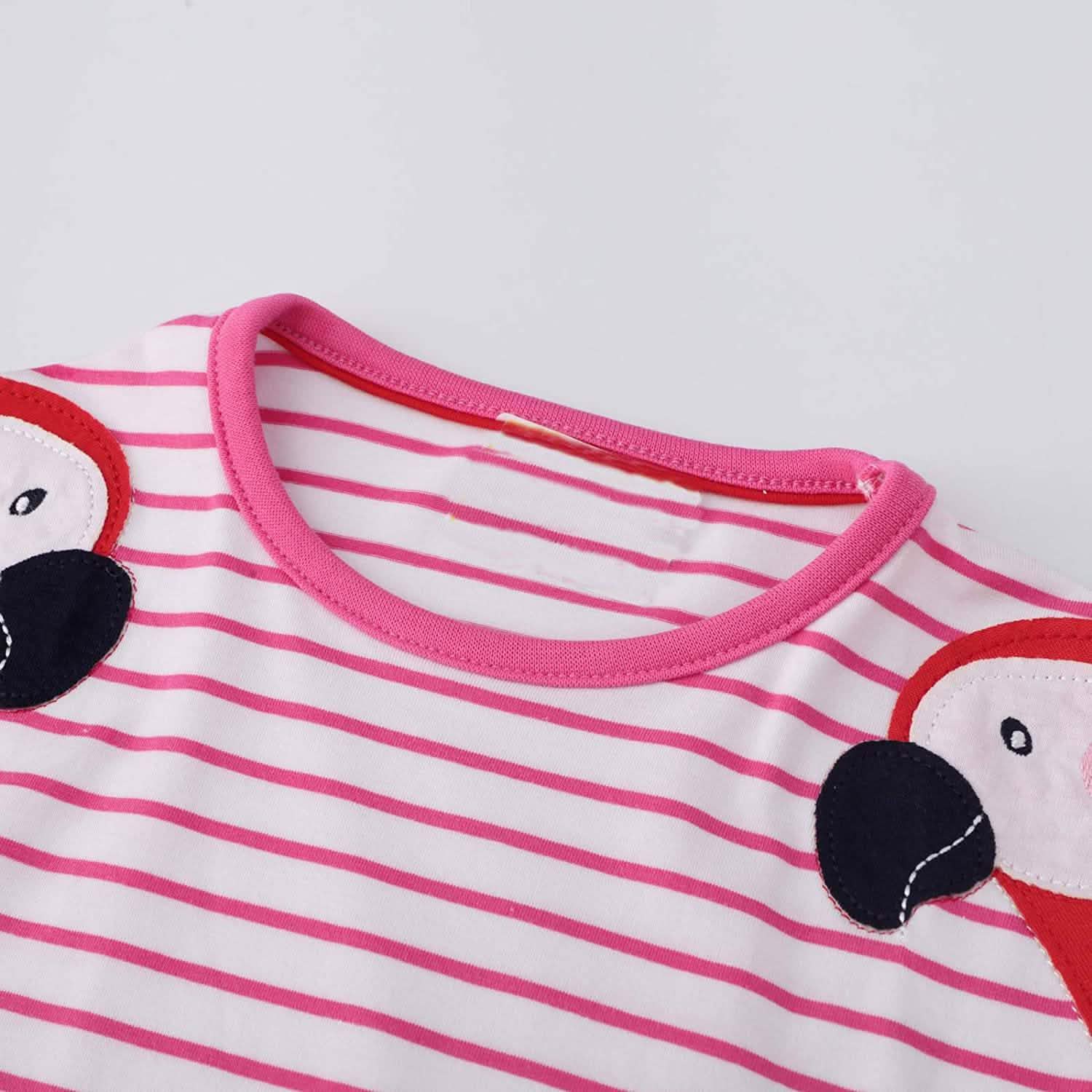 Girls Cotton Long Sleeve Casual Cartoon Appliques Striped Jersey Dress