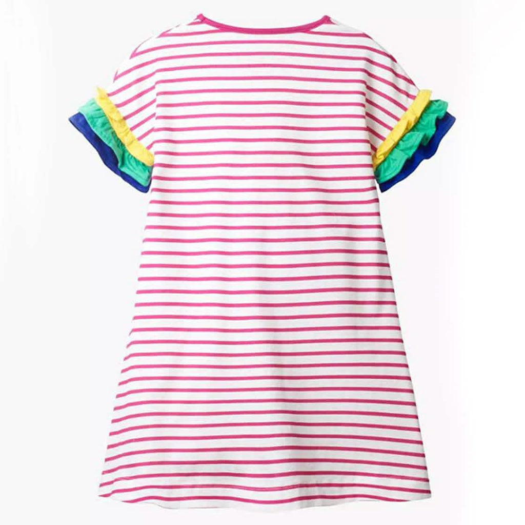 Girls Cotton Long Sleeve Casual Cartoon Appliques Striped Jersey Dress