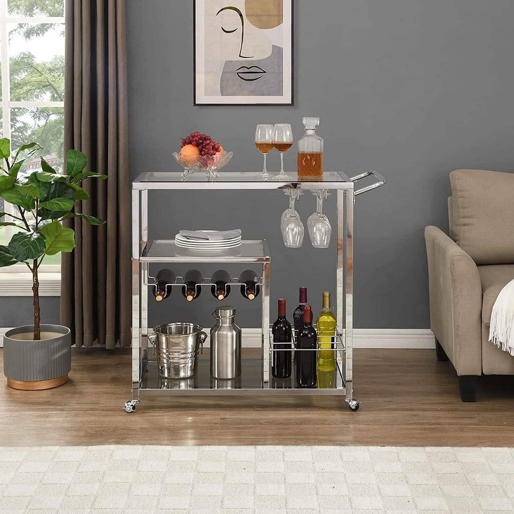 Glass Bar Cart with Wine Rack & Glass Holder