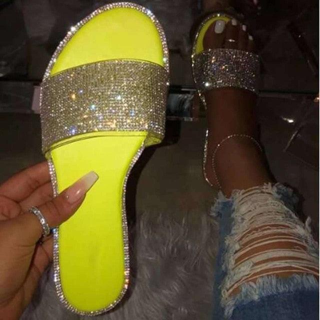 Glitter Slippers Women Summer Sandals Fashion Bling Candy Color Flip Flops Beach Diamond Flat Outdoor Sandals Slip On Sandals Slide Glitter Bling Casual Sandal Flat Open Toe Sparkle Slides