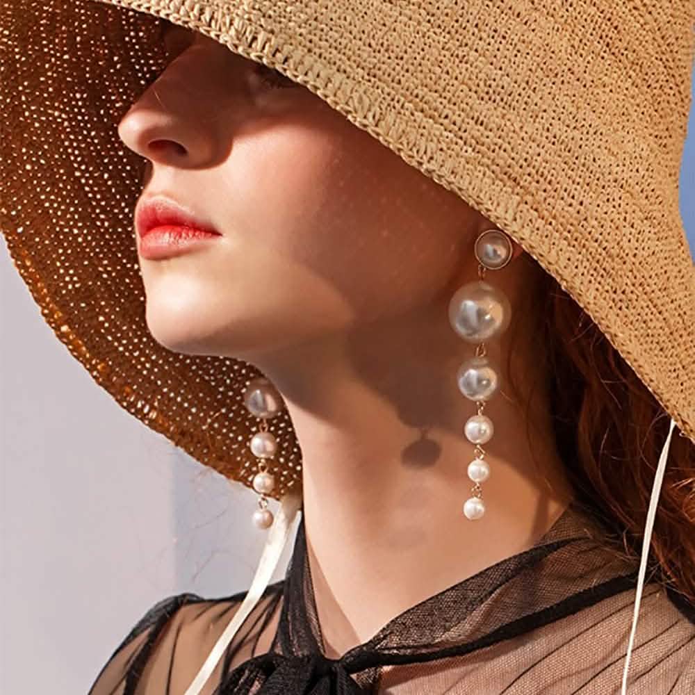Gold Long Fringe Pearl Earrings
