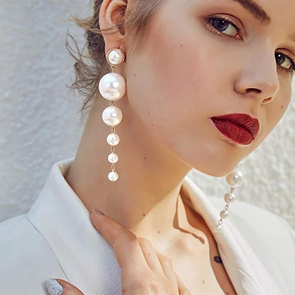 Gold Long Fringe Pearl Earrings