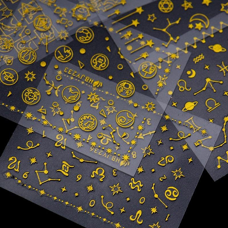 Gold Moon Star 3D Nail Stickers Ultra-thin Adhesive Decals Nail Art Decorations Stamping Manicure Nails Stickers Tool 3d Nail Decal Stickers Manicure Nail Art Decoration Accessories Holographic Old English Character Nail Self-Adhesive Sticker
