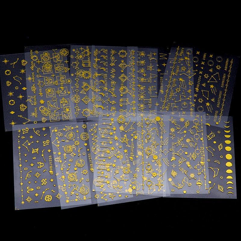 Gold Moon Star 3D Nail Stickers Ultra-thin Adhesive Decals Nail Art Decorations Stamping Manicure Nails Stickers Tool 3d Nail Decal Stickers Manicure Nail Art Decoration Accessories Holographic Old English Character Nail Self-Adhesive Sticker