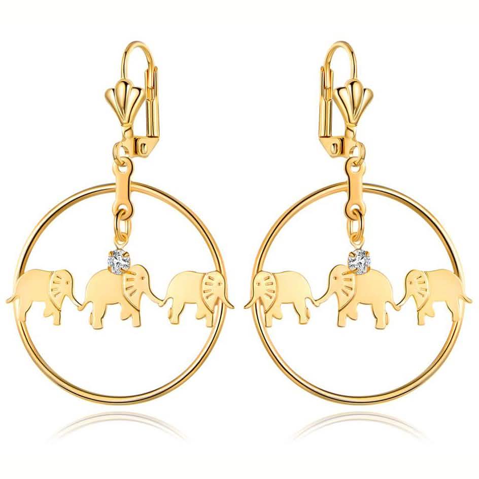 Gold Plated Elephant Dangle Earrings Made with Swarovski Crystals
