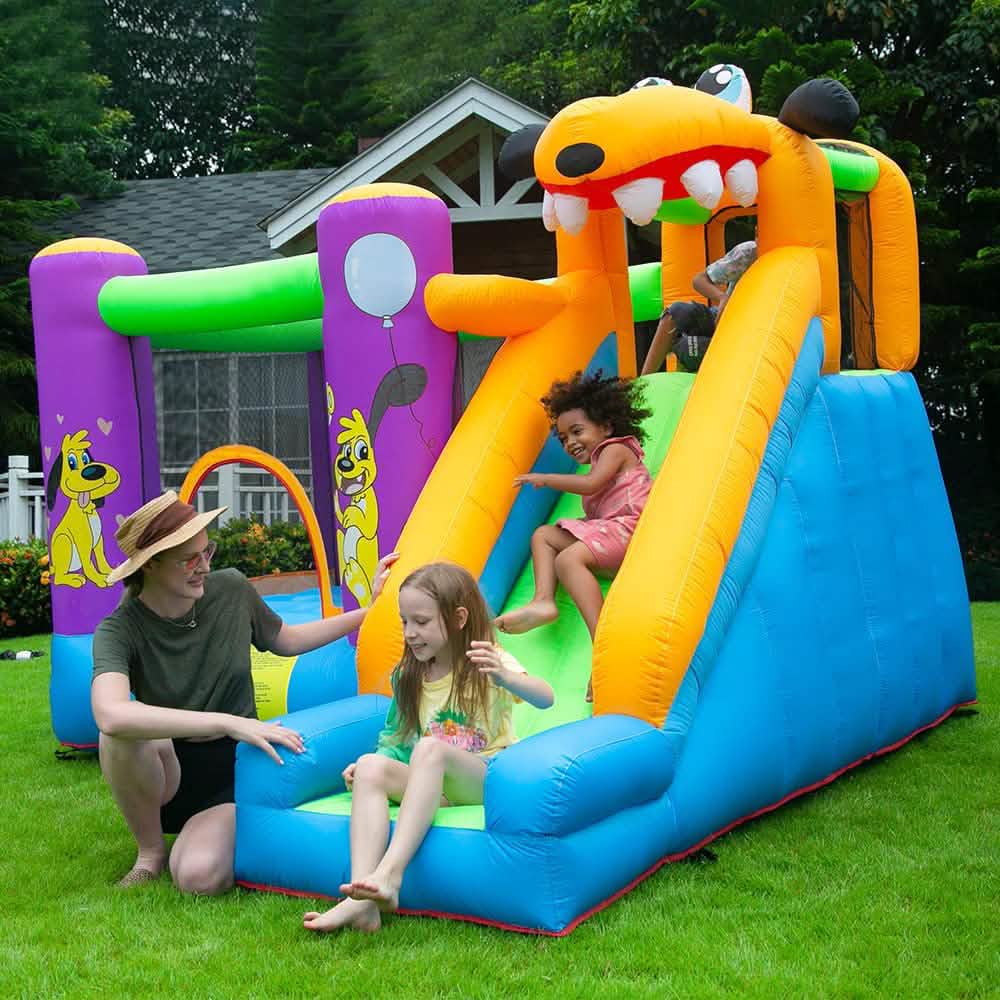 Green Dog Bouncy Castle House Slide and Jump 450W Blower