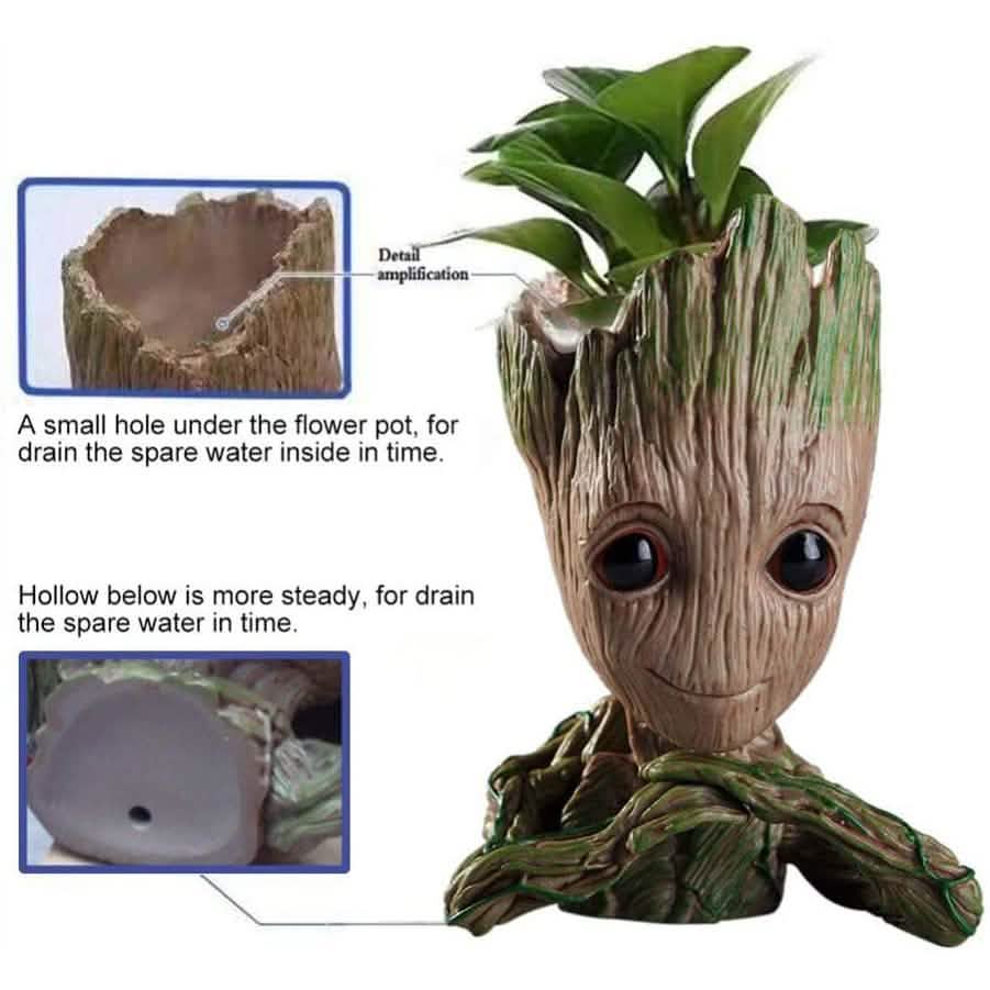 Groot Pen Pot Tree Man Pens Holder or Flower Pot with Drainage Hole