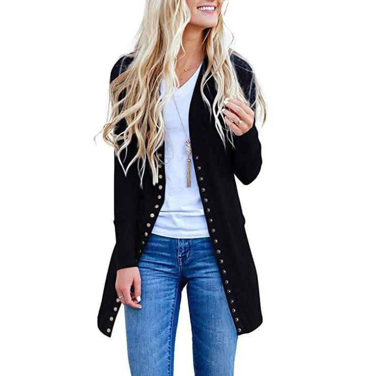 Halife Women's Long Sleeve Snap Button Down Knit Ribbed Neckline Cardigan Sweater