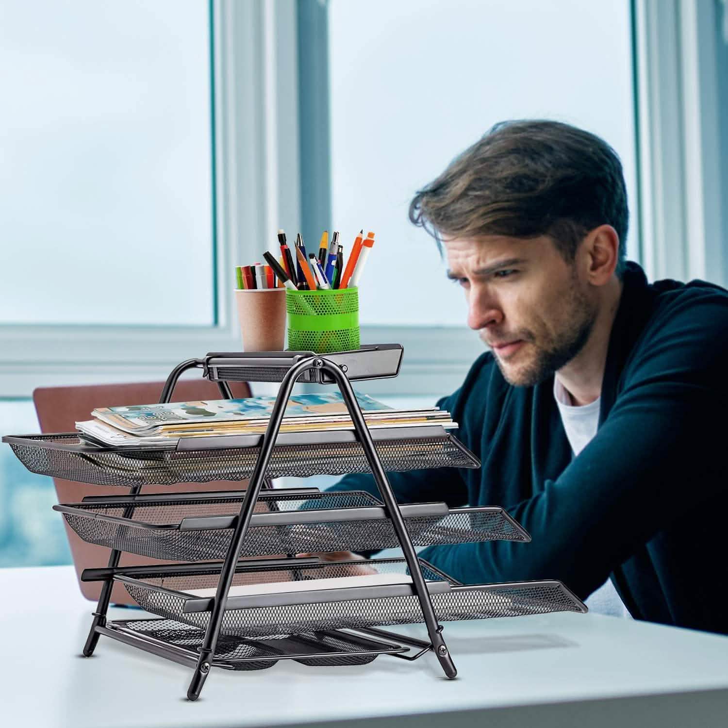 Halter 3 Tier Mesh Desktop Organizer with Sliding Paper Trays