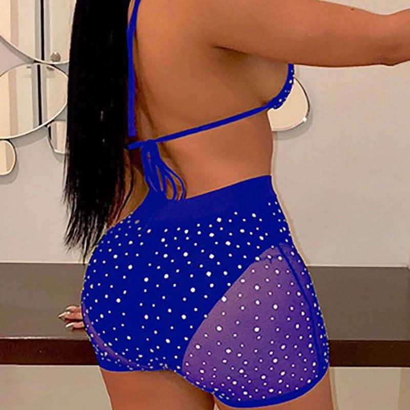 Halter See Through Sequins Mesh Bra & Shorts