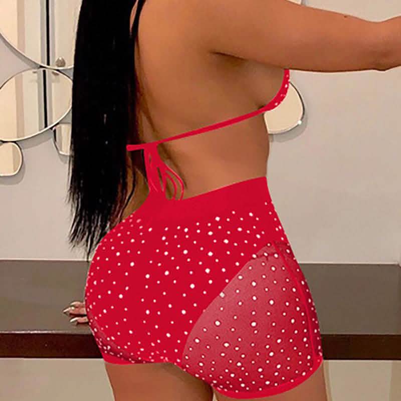 Halter See Through Sequins Mesh Bra & Shorts