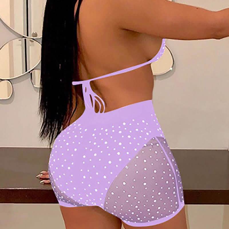 Halter See Through Sequins Mesh Bra & Shorts