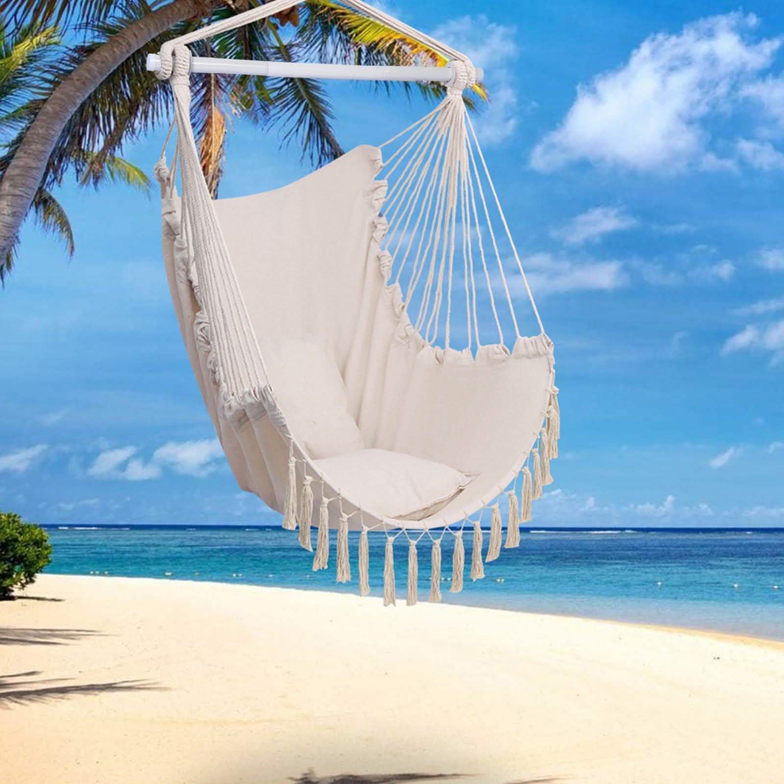Hammock Chair Swing Seat with Detachable Metal Support Bar and 2 Seat Cushions