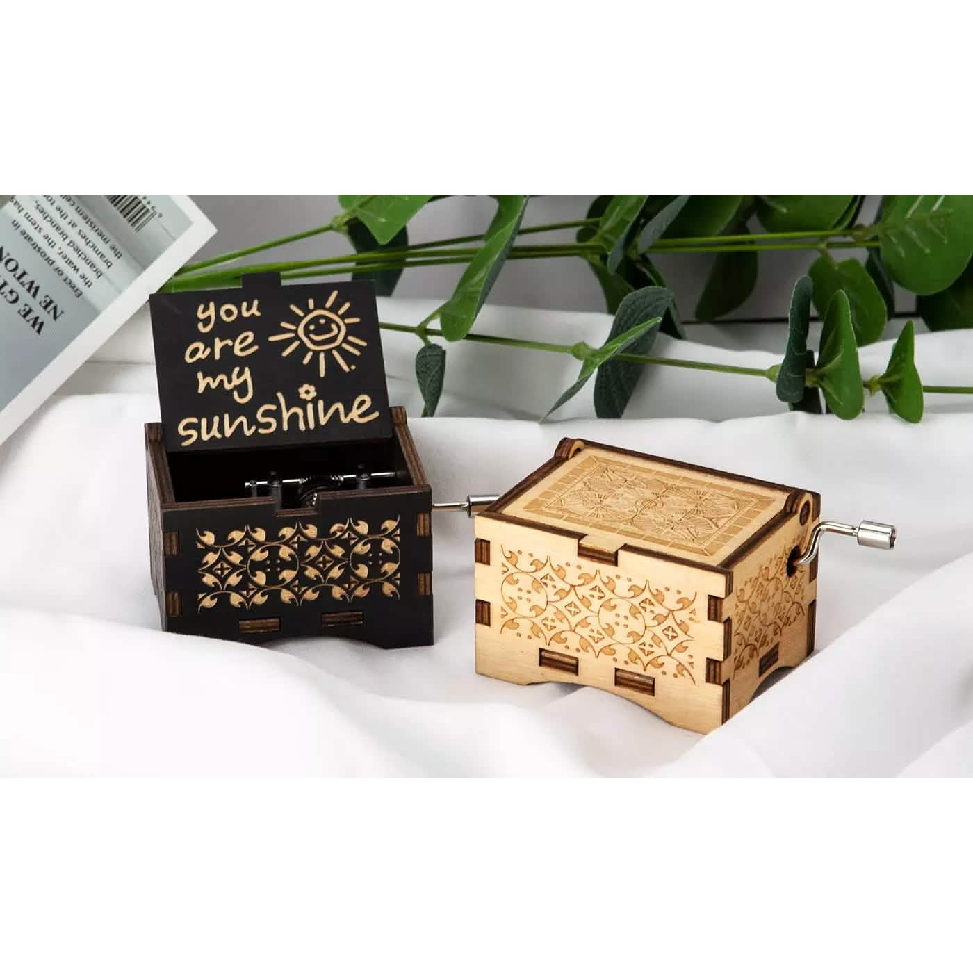 Hand Crank Vintage Wood Carved Sunshine Musical Box
