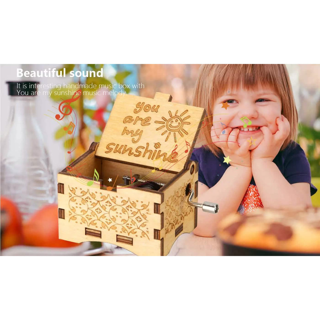 Hand Crank Vintage Wood Carved Sunshine Musical Box