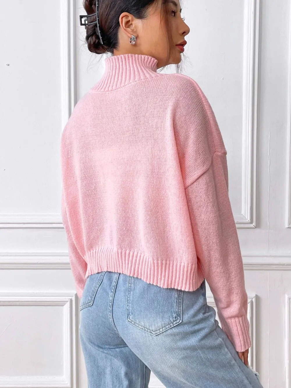 Hand hook flower collage high neck pullover sweater loose casual base sweater