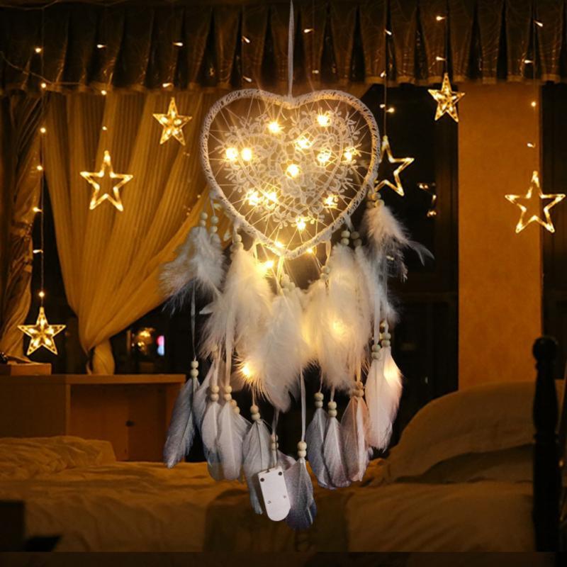 Handmade White Feather Dream Catcher Wind Chimes Hanging Ornaments Ceiling Decor Room Dream Net  Hanging Craft Gift Car Ornament Ribbons Feathers Wrapped Lights For Bedroom Decor Wedding Decorations