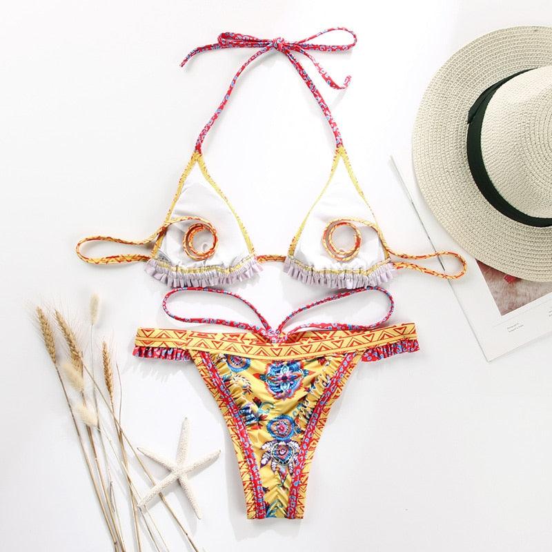 Handwork Bikinis Small Ruffle Swimsuit Vintage Print Swimwear Women Bathing Suit Leopard Patchwork Bikini Set String