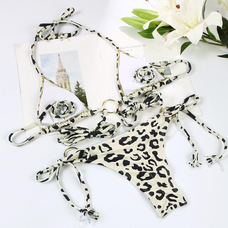Handwork Bikinis Small Ruffle Swimsuit Vintage Print Swimwear Women Bathing Suit Leopard Patchwork Bikini Set String