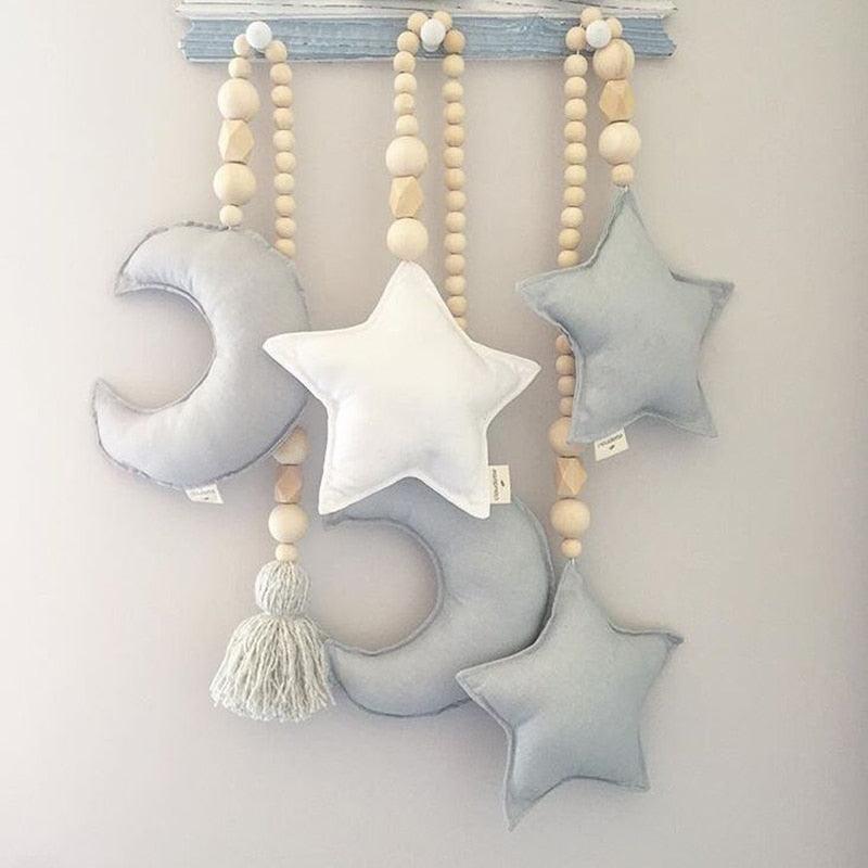 Hanging Nordic Wooden Beads Ornament Double Star Moon Kids Room Decoration Baby Crib Tent Hanging Pendant Wall Decor Photography Props Baby Mobile For Crib Moon and Stars Baby Nursery Ceiling Crib Mobile Kids Room Hanging Decor